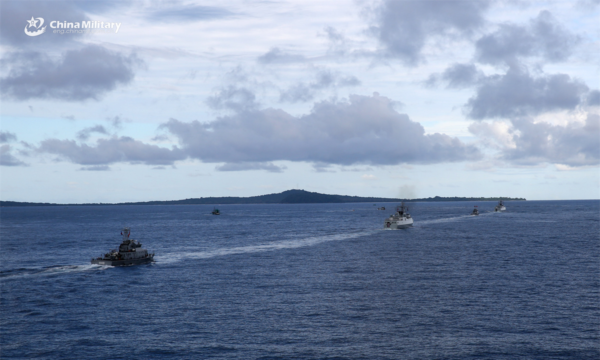 The aerial and maritime live-force drills of the China-Cambodia Golden Dragon 2025 joint exercise kicked off in the sea area and airspace near the port of Sihanoukville in Cambodia on May 26, 2025. The picture shows joint taskforce comprising Chinese and Cambodian naval vessels steaming in formation to the designated sea area. (eng.chinamil.com.cn/Photo by Gan Jun)