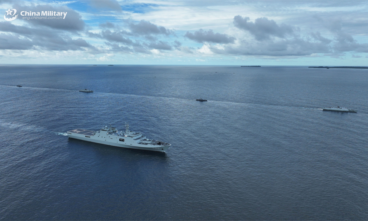 The aerial and maritime live-force drills of the China-Cambodia Golden Dragon 2025 joint exercise kicked off in the sea area and airspace near the port of Sihanoukville in Cambodia on May 26, 2025. The picture shows a joint taskforce comprising Chinese and Cambodian naval vessels steaming in formation to the designated sea area. (eng.chinamil.com.cn/Photo by Wang Jianwei)