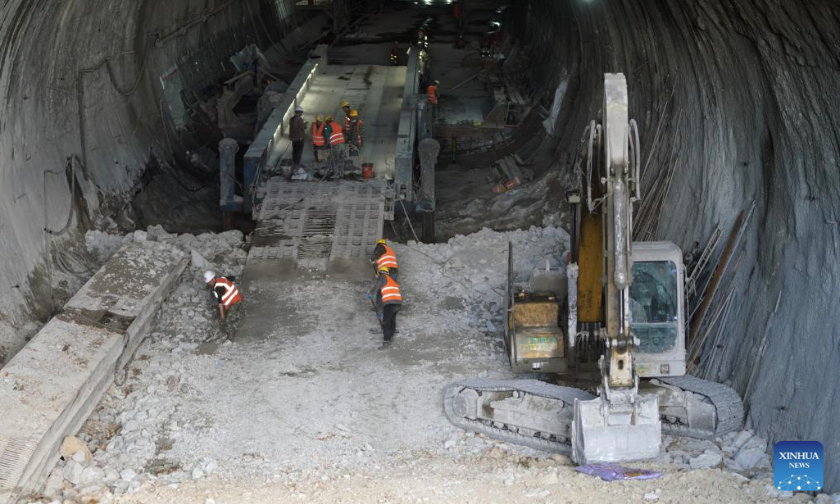 This photo taken on May 27, 2025 shows the construction site of a tunnel along a railway linking Suifenhe and China's border with Russia in Suifenhe, northeast China's Heilongjiang Province. Construction of this 602-meter railway tunnel started last May and was completed on Wednesday. The new tunnel will significantly boost line capacity of a railway linking Suifenhe and the China-Russia border, which is under renovation with a designed speed of 120 kilometers per hour. (Xinhua/Wang Song)