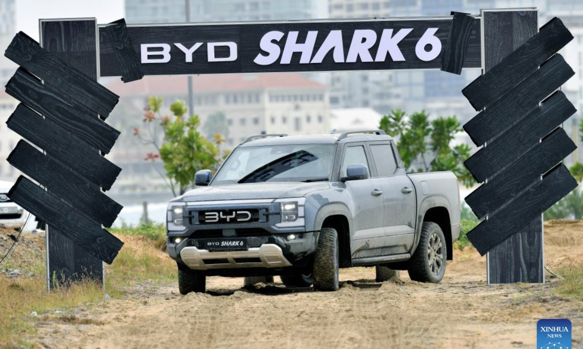 Photo taken on May 27, 2025 shows a BYD SHARK 6 vehicle in Colombo, Sri Lanka. BYD, a Chinese new energy vehicle (NEV) maker, is expanding its footprint in Sri Lanka with plans to introduce DENZA, its premium luxury brand, through local distributor John Keells CG Auto. (Photo by Ajith Perera/Xinhua)