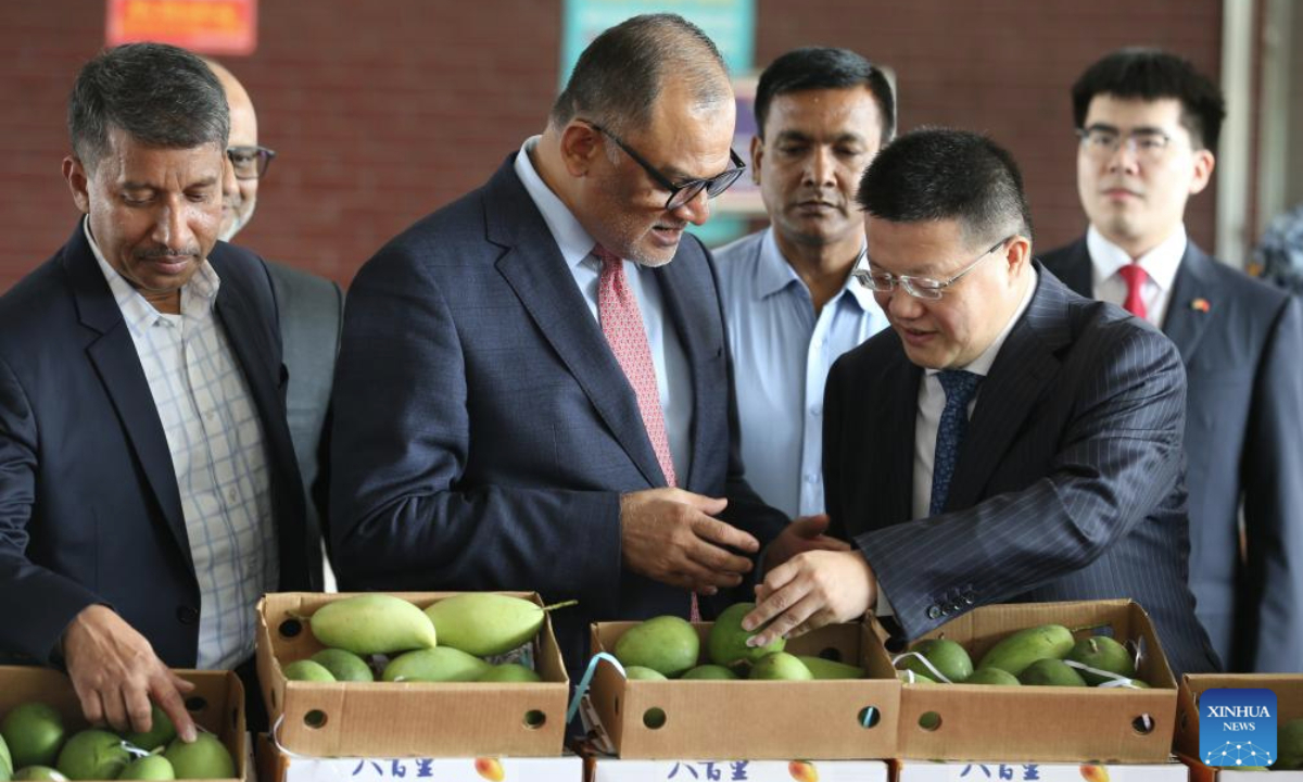 Chinese Ambassador to Bangladesh Yao Wen (front, R) and Bangladeshi Commerce Adviser Sheikh Bashir Uddin (front, C) attend an event marking the export of the first consignment of Bangladeshi fresh mangoes to China in Dhaka, Bangladesh on May 28, 2025. (Photo by Habibur Rahman/Xinhua)