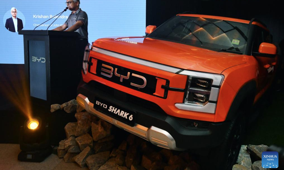 Krishan Balendra, chairperson of the John Keells Group, speaks at a press conference on introducing BYD's premium luxury brand DENZA into the local market in Colombo, Sri Lanka, on May 27, 2025. BYD, a Chinese new energy vehicle (NEV) maker, is expanding its footprint in Sri Lanka with plans to introduce DENZA, its premium luxury brand, through local distributor John Keells CG Auto. (Photo by Ajith Perera/Xinhua)