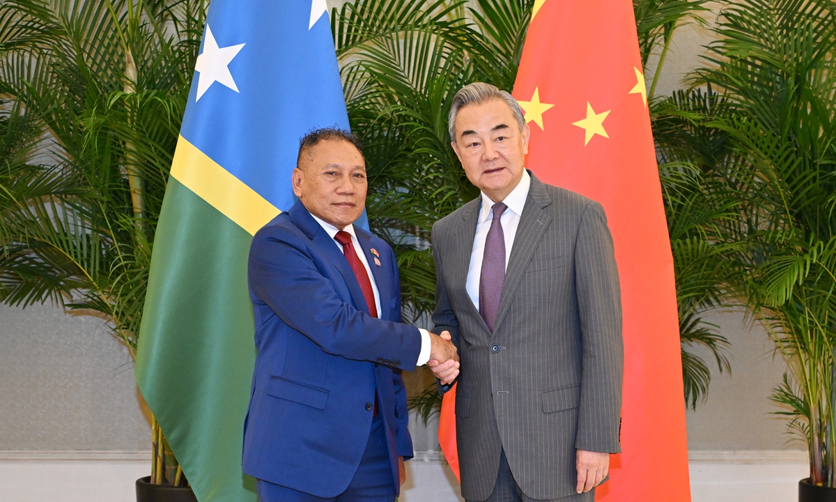 Chinese Foreign Minister Wang Yi meets with Minister for Foreign Affairs and External Trade Peter Shanel Agovaka of Solomon Islands on May 28, 2025. Photo: cnsphoto