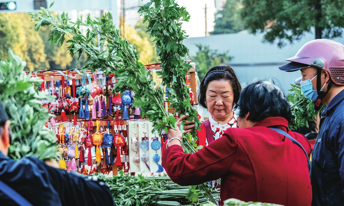 Citizens in Weinan, Northwest China's Shaanxi Province purchase sweet wormwood ahead of the Dragon Boat Festival to pray for blessings and ward off misfortune on May 29, 2025. One of the customs associated with the festival is hanging sweet wormwood, which possesses a distinct fragrance and is known for its mosquito and insect-repellent properties.
Photo: VCG