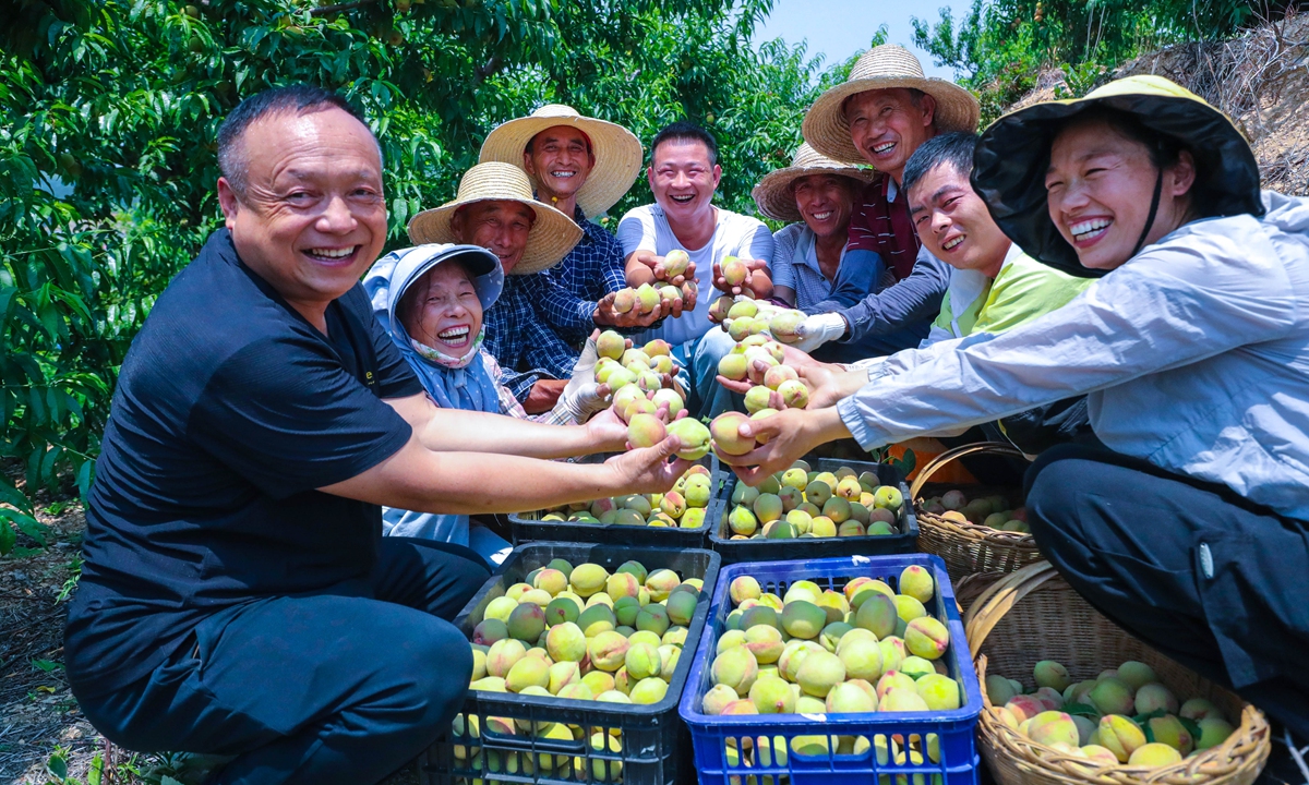Farmers are all smiles while displaying fresh peaches in Wangwan village, Xinyang, Central China's Henan Province, on May 29, 2025. The Xinyan government has encouraged farmers to use local resources to plant more fruit trees to earn more income and improve living standards Photo: VCG