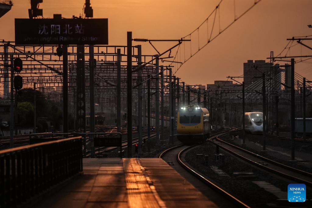 An inspection train departs from Shenyang North Railway Station during a joint debugging and testing on the high-speed railway connecting Shenyang, capital of northeast China's Liaoning Province, and Changbai Mountain reserve in the neighboring Jilin Province, June 1, 2025. With a length of 430 kilometers and design speed of 350 kilometers per hour, the high-speed railway will significantly improve regional connectivity and boost tourism and economic development upon operation. (Xinhua/Pan Yulong)