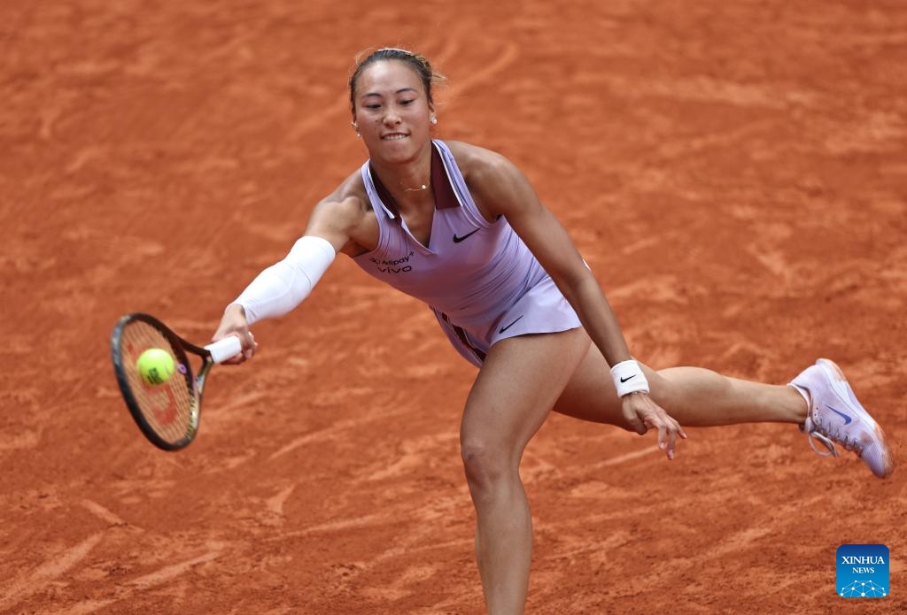 Zheng Qinwen returns a shot during the women's singles 4th round match between Liudmila Samsonova of Russia and Zheng Qinwen of China at the French Open tennis tournament at Roland Garros, Paris, France, June 1, 2025. (Xinhua/Li Jing)