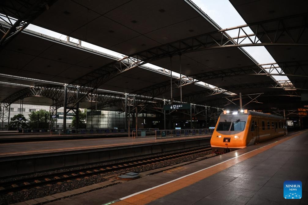 An inspection train departs from Shenyang North Railway Station during a joint debugging and testing on the high-speed railway connecting Shenyang, capital of northeast China's Liaoning Province, and Changbai Mountain reserve in the neighboring Jilin Province, June 1, 2025. With a length of 430 kilometers and design speed of 350 kilometers per hour, the high-speed railway will significantly improve regional connectivity and boost tourism and economic development upon operation. (Xinhua/Pan Yulong)