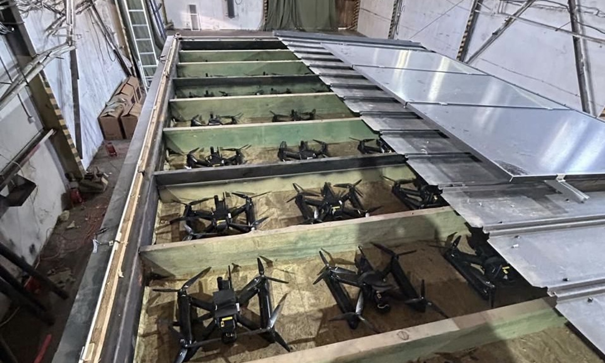 This undated and unlocated handout picture, released on June 1, 2025 by the Security Service of Ukraine shows Ukrainian military drones used in the attack against Russian military aircraft on the same day. Photo: VCG