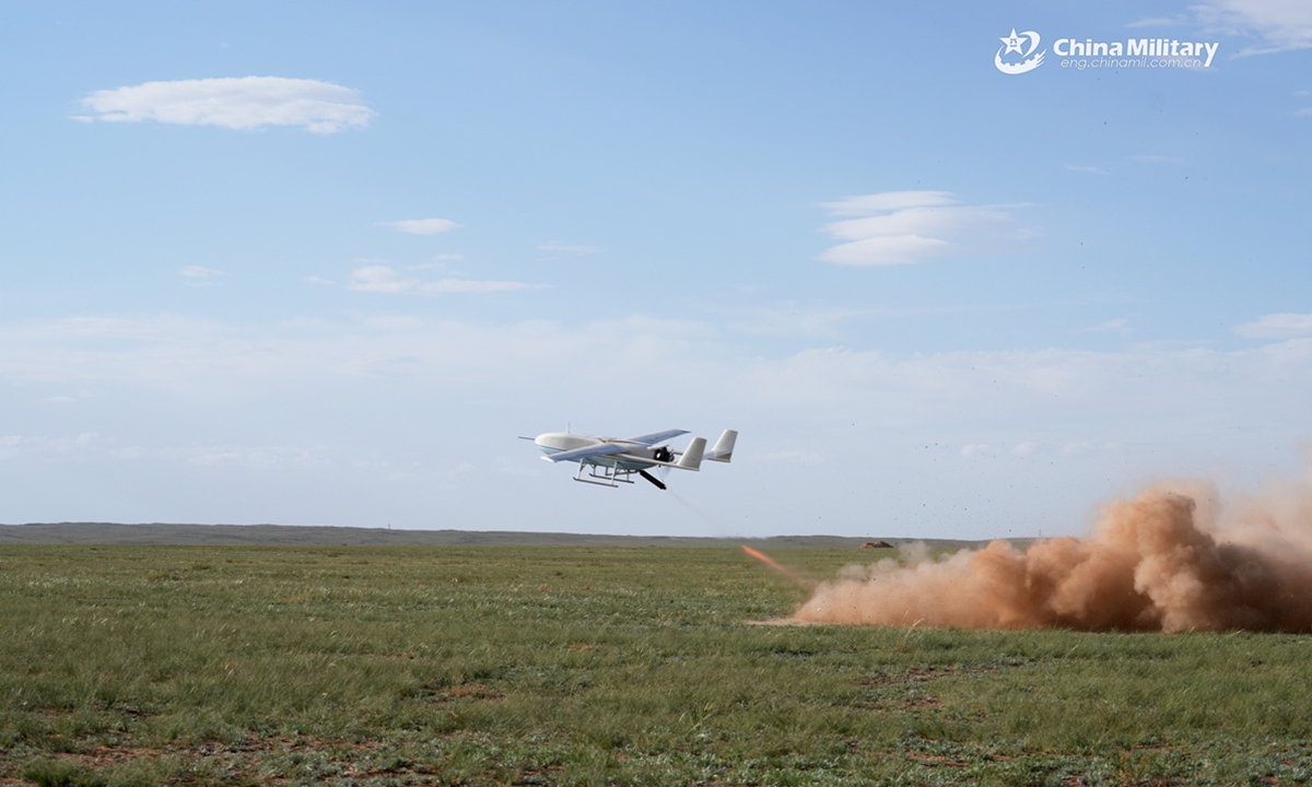 An Unmanned Aerial Vehicle (UAV) attached to a reconnaissance detachment of a brigade under the Chinese PLA 81st Group Army takes off for an UAV reconnaissance training exercise in mid-May, 2025. (eng.chinamil.com.cn/Photo)