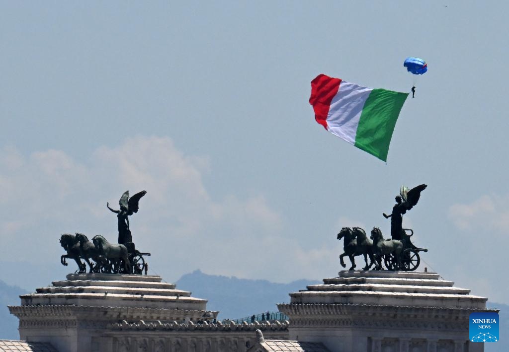 A parachutist performs during the Republic Day celebrations in Rome, Italy, June 2, 2025. Italy on Monday marked the 79th anniversary of its founding as a republic, with President Sergio Mattarella calling for peace and international cooperation. (Photo by Alberto Lingria/Xinhua)
