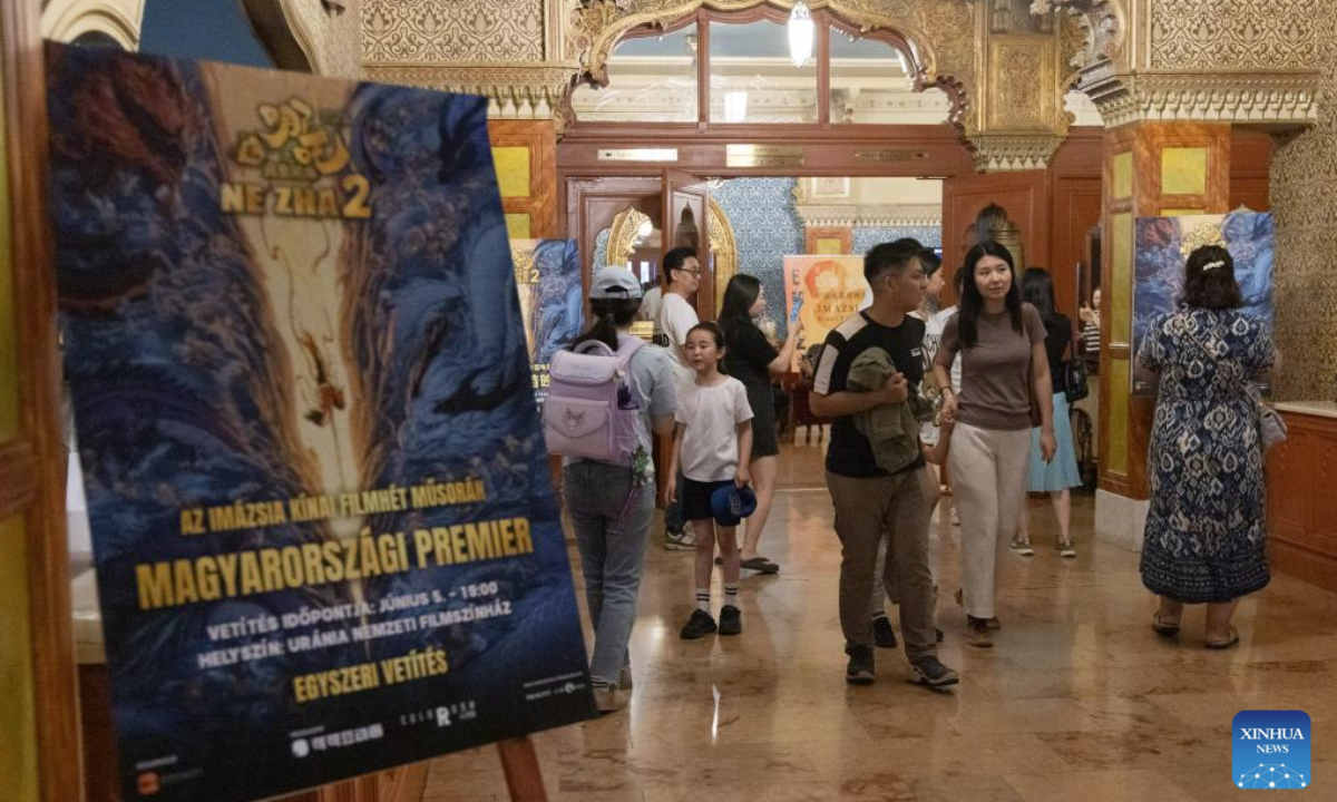 People attend the premiere of Chinese animated blockbuster Ne Zha 2 in Budapest, Hungary on June 5, 2025. (Photo by Attila Volgyi/Xinhua)