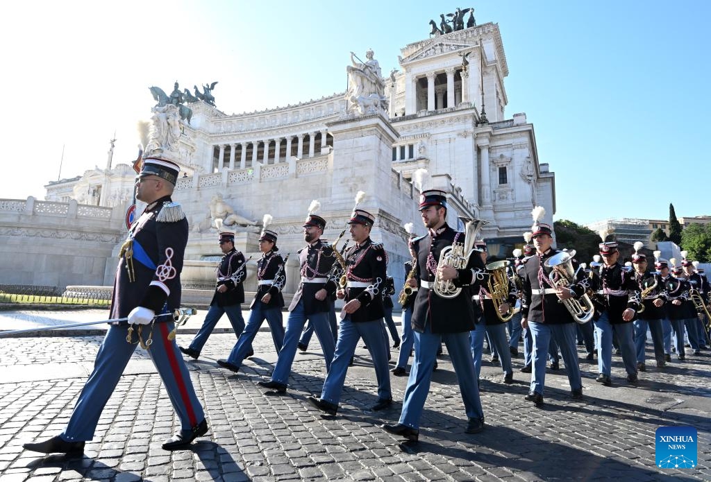 A military band performs during the Republic Day celebrations in Rome, Italy, June 2, 2025. Italy on Monday marked the 79th anniversary of its founding as a republic, with President Sergio Mattarella calling for peace and international cooperation. (Photo by Alberto Lingria/Xinhua)