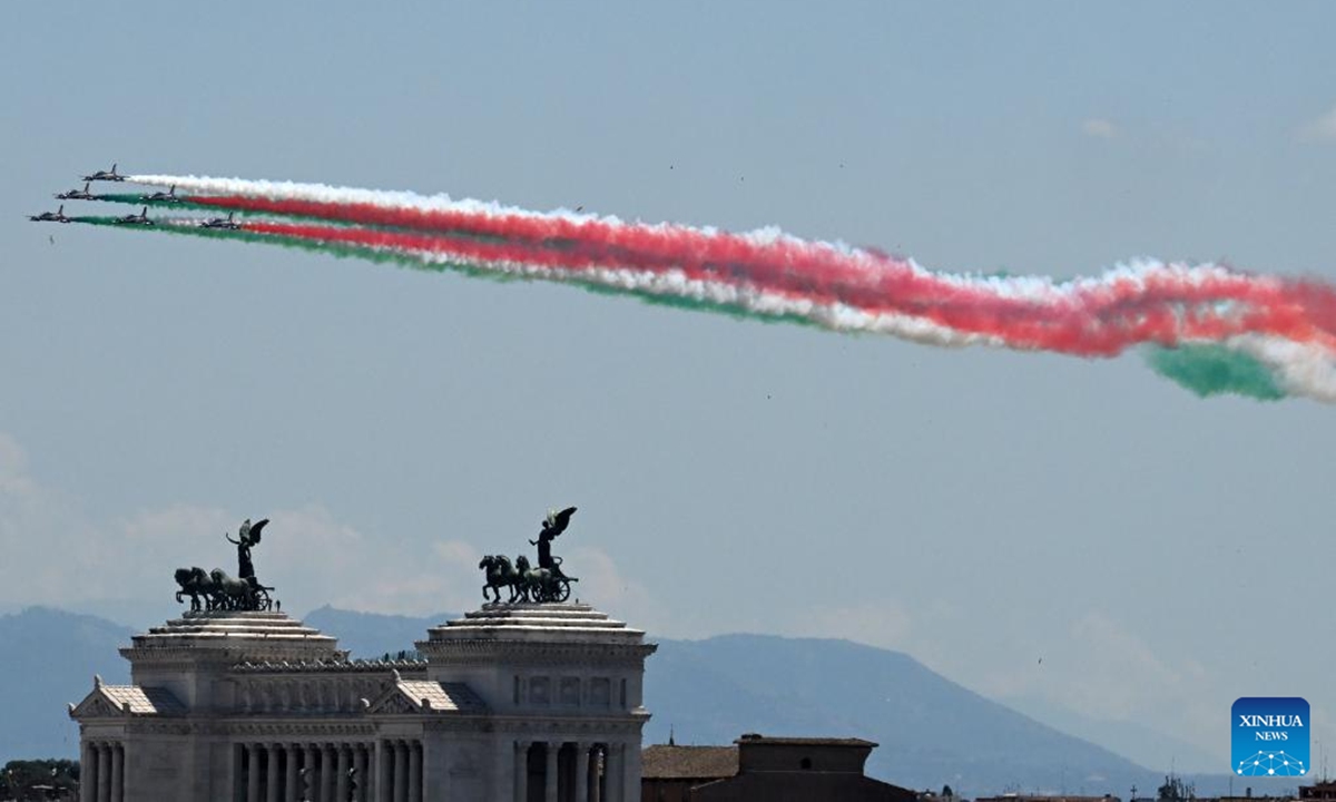 The Italian aerobatic squad Frecce Tricolori performs during the Republic Day celebrations in Rome, Italy, June 2, 2025. Italy on Monday marked the 79th anniversary of its founding as a republic, with President Sergio Mattarella calling for peace and international cooperation. (Photo by Alberto Lingria/Xinhua)