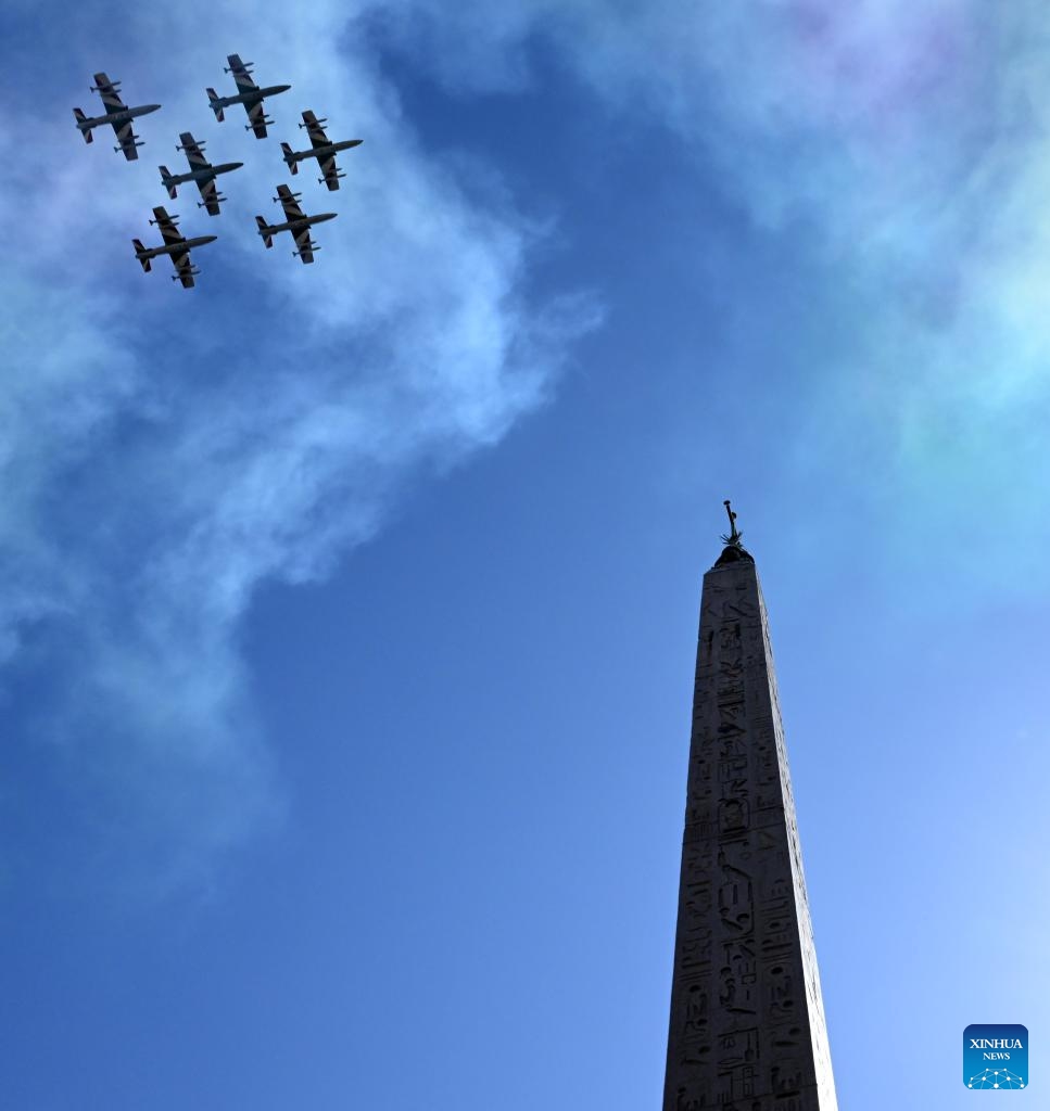 The Italian aerobatic squad Frecce Tricolori performs during the Republic Day celebrations in Rome, Italy, June 2, 2025. Italy on Monday marked the 79th anniversary of its founding as a republic, with President Sergio Mattarella calling for peace and international cooperation. (Photo by Alberto Lingria/Xinhua)