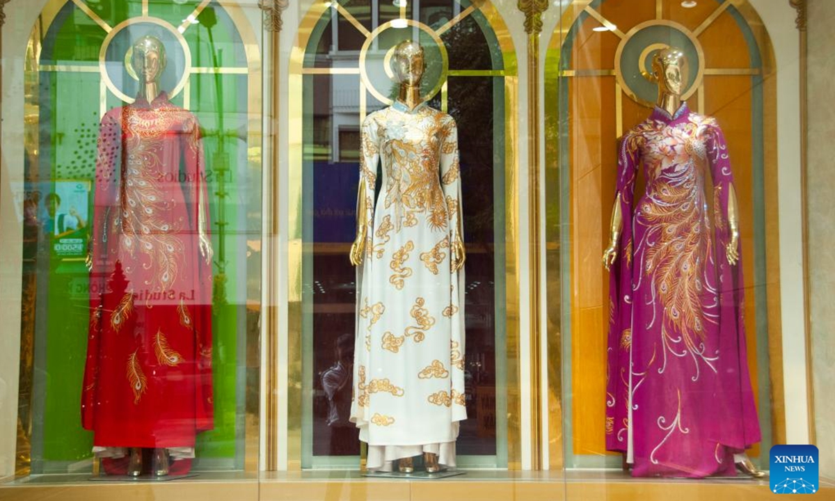 This photo taken on June 2, 2025 shows Ao Dai, Vietnam's traditional long dress, in Hanoi, Vietnam. (Photo by Dang Hong Dung/Xinhua)