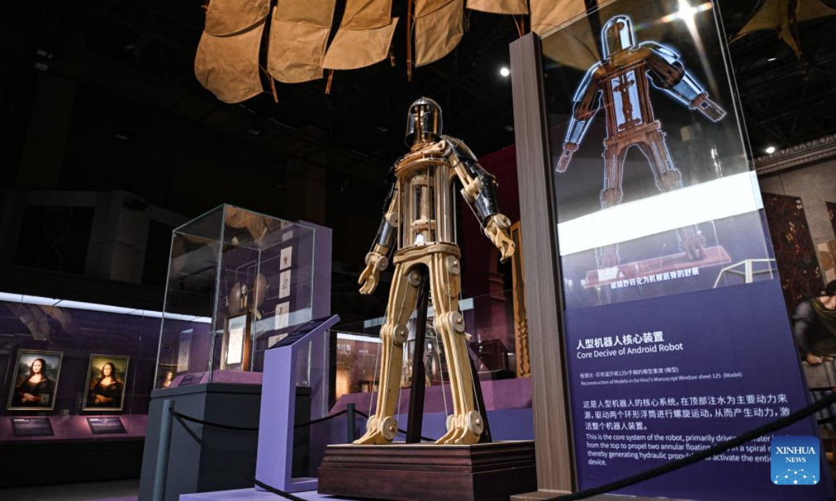 This photo taken on June 5, 2025 shows an android robot model reconstructed from Leonardo da Vinci's manuscript during the exhibition Harmony through Time and Space: How Leonardo da Vinci Created Concord between His Artistic and Scientific World and the Natural World at the Natural History Museum of China in Beijing, capital of China, June 5, 2025. The exhibition kicked off here on Thursday and will last until October 19. (Xinhua/Chen Zhonghao)