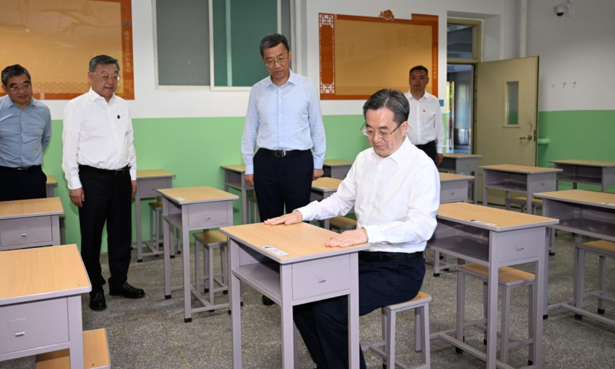 Chinese Vice Premier Ding Xuexiang, also a member of the Standing Committee of the Political Bureau of the Communist Party of China Central Committee, visits a test site at a Taiyuan middle school in Taiyuan, north China's Shanxi Province, June 3, 2025. Ding inspected preparations for the college entrance examination and energy sector reforms in north China's Shanxi Province from Tuesday to Wednesday, emphasizing the need to uphold fairness and ensure safety in the national examination, also known as Gaokao. (Xinhua/Shen Hong)