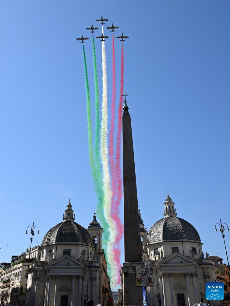 The Italian aerobatic squad Frecce Tricolori performs during the Republic Day celebrations in Rome, Italy, June 2, 2025. Italy on Monday marked the 79th anniversary of its founding as a republic, with President Sergio Mattarella calling for peace and international cooperation. (Photo by Alberto Lingria/Xinhua)