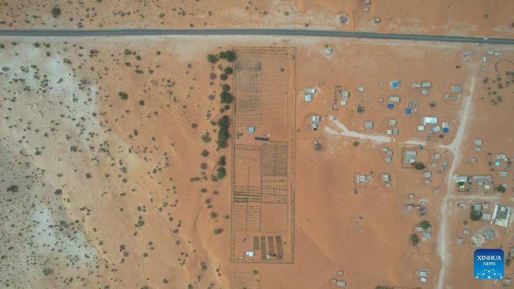 An aerial drone photo taken on May 22, 2025 shows the China-Africa Green Technology Park in Bir El Barka, Trarza region, western Mauritania. The China-Africa Green Technology Park is a key demonstration project supporting Africa's Great Green Wall Initiative, launched in 2007 to create a 7,000-km ecological barrier across northern Africa and the Sahel to combat desertification. (Xinhua/Si Yuan)