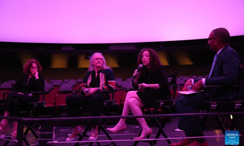 Jackie Faherty (2nd R), curator of the Encounters in the Milky Way, speaks at a panel discussion at the American Museum of Natural History in New York City, the United States, on June 3, 2025. The American Museum of Natural History in New York City is launching a new space show to present the story of cosmic motion and how that impacts the solar system, offering a journey through the history and future of the Milky Way galaxy. (Xinhua/Liu Yanan)