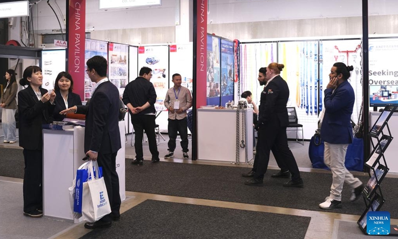 People visit the China Pavilion at Nor-Shipping 2025 in Lillestrom, Norway, on June 3, 2025. A Norwegian official has praised the green technologies and innovative solutions showcased by Chinese companies at Nor-Shipping 2025, expressing hope for enhanced maritime cooperation between Norway and China. (Xinhua/Zhang Yuliang)