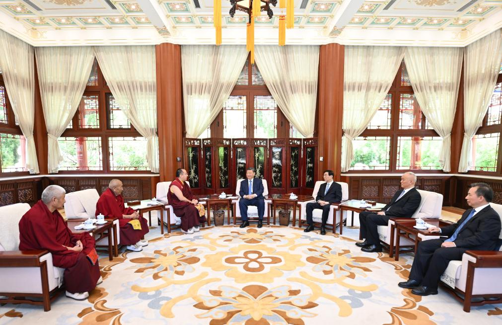 Chinese President Xi Jinping, also general secretary of the Communist Party of China Central Committee and chairman of the Central Military Commission, receives a visit from Panchen Erdeni Chos-kyi rGyal-po at Zhongnanhai in Beijing, capital of China, June 6, 2025. (Xinhua/Xie Huanchi)