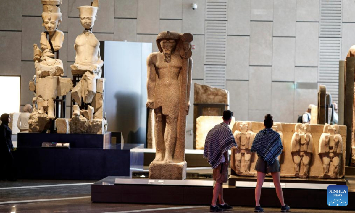 Tourists visit the Grand Egyptian Museum in Giza, Egypt, on June 12, 2025. Located near the Giza Pyramids, the Grand Egyptian Museum (GEM), spanning more than 500,000 square meters and housing over 100,000 artifacts, is set to officially open on July 3 this year. (Xinhua/Wang Dongzhen)