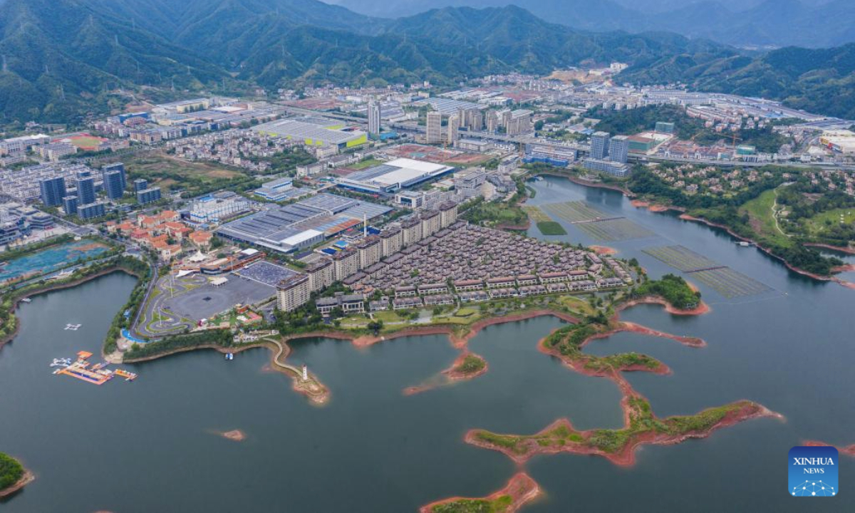 An aerial drone photo taken on June 3, 2025 shows a view of the Chun'an economic development zone in east China's Zhejiang Province. Chun'an, located in east China's Zhejiang Province, is renowned for its water system and outstanding natural environment. As a national-level ecological county, it serves as a model for ecological protection and construction. (Xinhua/Xu Yu)