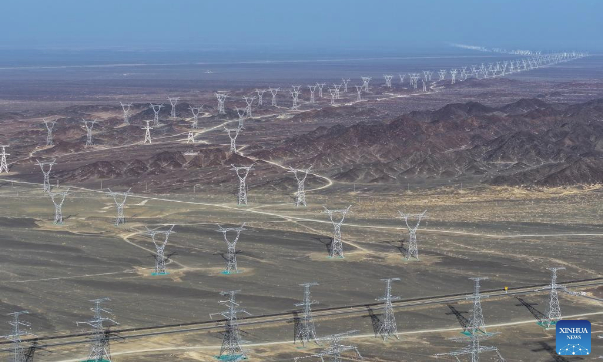 An aerial drone photo shows auxiliary lines of the Hami-Chongqing ±800 kV ultra-high voltage direct current transmission project, in Hami, northwest China's Xinjiang Uygur Autonomous Region, March 21, 2025. The State Grid Corporation of China on Tuesday announced the operation of the ±800 kV ultra-high voltage direct current transmission project linking eastern Xinjiang's Hami with southwest China's Chongqing Municipality.

This marks China's third major project to transmit electricity from energy-rich Xinjiang Uygur Autonomous Region to other parts of the country. (Xinhua/Ding Lei)