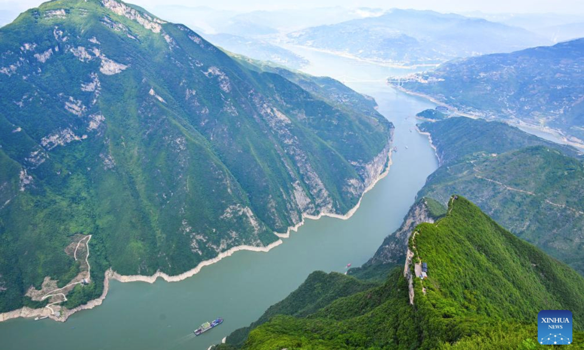An aerial drone photo shows the summer scenery in Qutang Gorge, one of the Three Gorges on the Yangtze River, in southwest China's Chongqing Municipality, June 9, 2025. (Xinhua/Wang Quanchao)