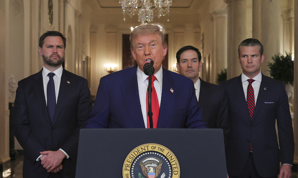 US President Donald Trump speaks from the East Room of the White House in Washington on June 21, 2025, after the US military struck three Iranian nuclear and military sites, directly joining Israel's effort to decapitate the country's nuclear program. Photo: VCG
