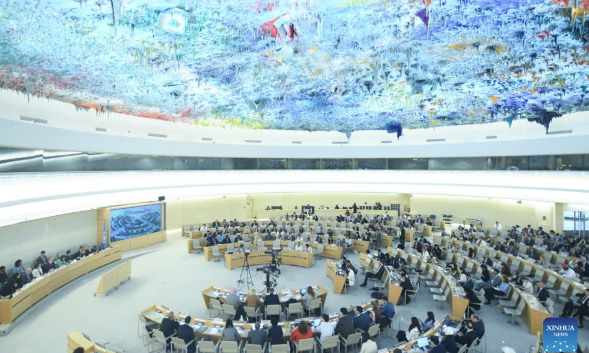 Delegates attend a meeting of the 59th session of the UN Human Rights Council in Geneva, Switzerland, June 16, 2025. The 59th session of the UN Human Rights Council kicked off Monday in Geneva, Switzerland. The session is scheduled to take place here from June 16 to July 9, 2025. (Xinhua/Lian Yi)