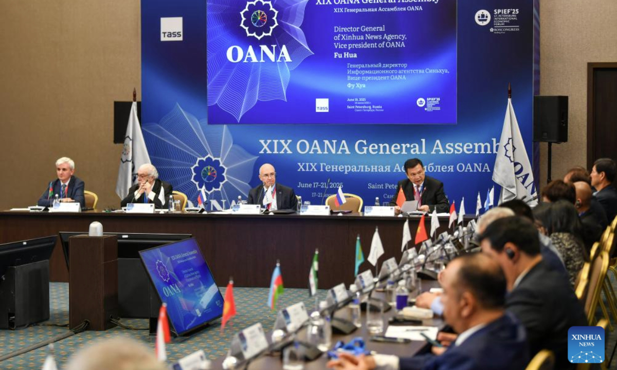 Fu Hua, president of Xinhua News Agency, attends the 19th General Assembly of the Organization of Asia-Pacific News Agencies (OANA) in St. Petersburg, Russia, June 19, 2025. The 19th General Assembly of the Organization of Asia-Pacific News Agencies (OANA) kicked off in St. Petersburg on Thursday. During the two-day event, representatives of member news agencies will hold in-depth discussions on how news agencies can respond to global changes and technological challenges. (Xinhua/Cao Yang)