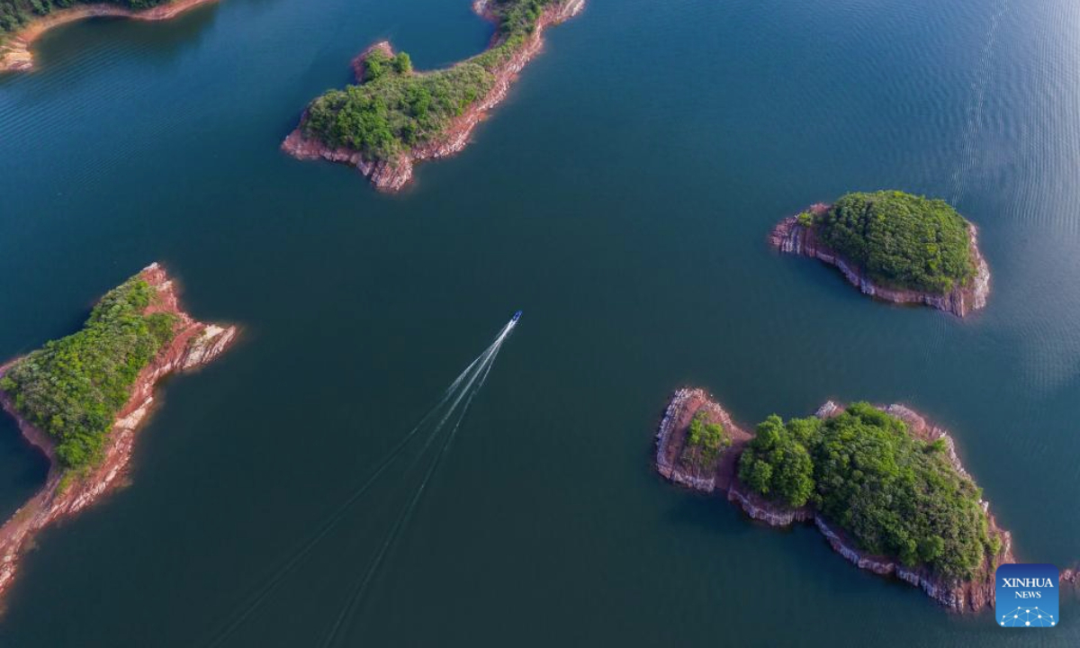 An aerial drone photo taken on June 3, 2025 shows a view of the Qiandao Lake in east China's Zhejiang Province. Chun'an, located in east China's Zhejiang Province, is renowned for its water system and outstanding natural environment. As a national-level ecological county, it serves as a model for ecological protection and construction. (Xinhua/Xu Yu)
