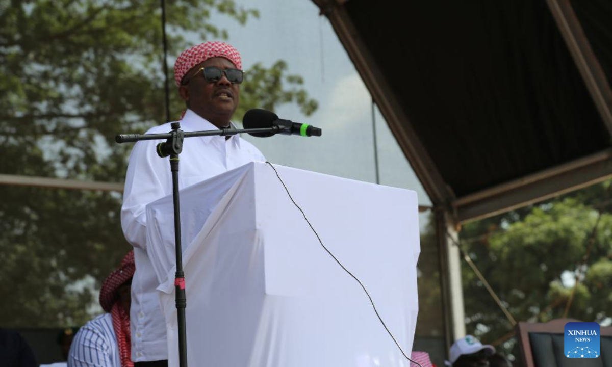 Bissau-Guinean President Umaro Sissoco Embalo speaks at the inauguration ceremony of a highway constructed by a Chinese company in Bissau, Guinea-Bissau, on June 16, 2025. (Xinhua/Zhang Jian)