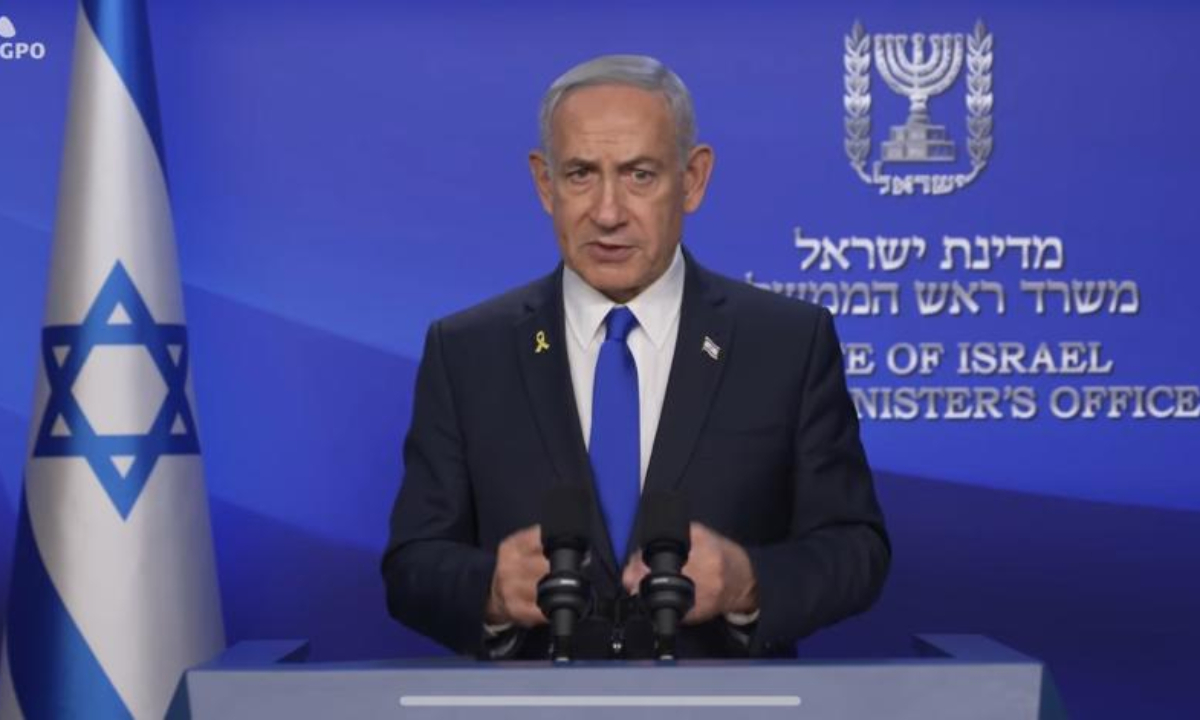 This video screenshot shows Israeli Prime Minister Benjamin Netanyahu delivering a video address on June 13, 2025. Israeli Defense Minister Israel Katz said on Friday that Israel has launched a preemptive strike on Iran. Israeli Prime Minister Benjamin Netanyahu said in a video address that the goal of the ongoing operation is to strike Iran's nuclear infrastructure, Iran's ballistic missile factories, and Iran's military capabilities, and will continue for as many days as it takes. (Xinhua)