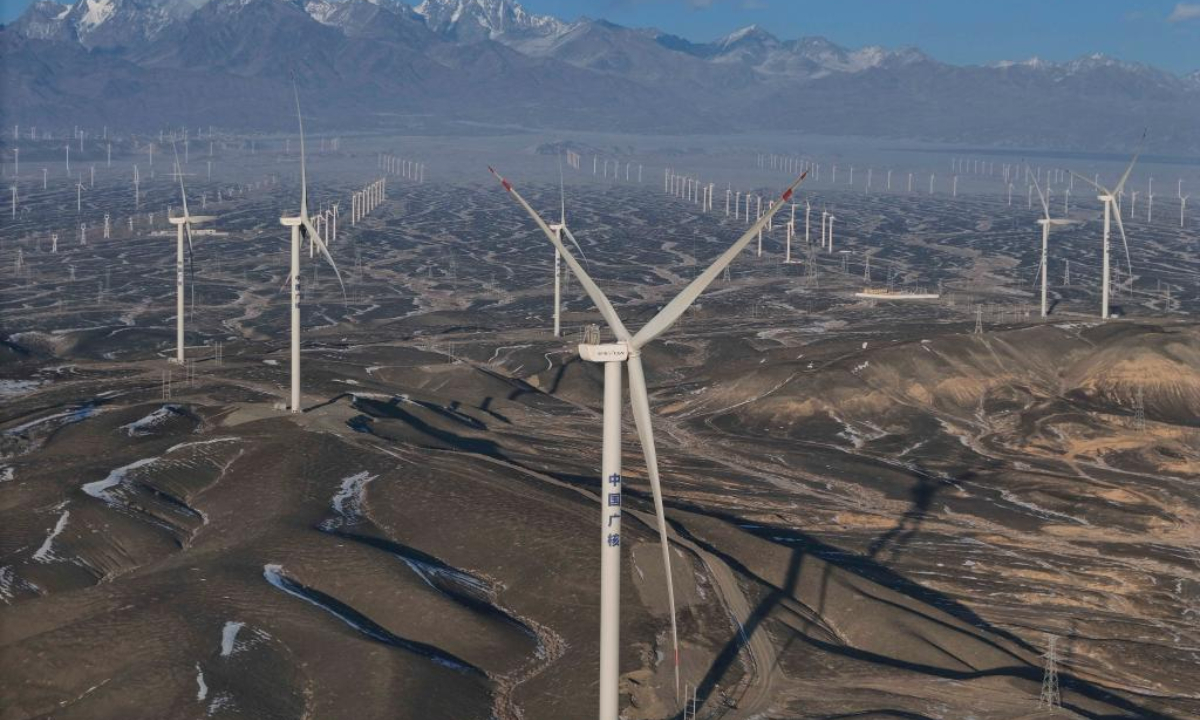 An aerial drone photo taken on Dec. 28, 2024 shows wind turbines in Dabancheng, also known as China's Wind Valley, in northwest China's Xinjiang Uygur Autonomous Region. (Xinhua/Hu Huhu)
