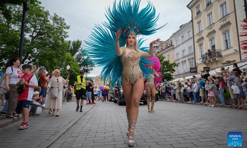 Dancers perform during the Mermaid Parade in Warsaw, Poland, June 7, 2025. The parade, featuring 20 floats, was held in the Polish capital on Saturday to honor the Warsaw Mermaid, an iconic symbol of the city. (Photo: Xinhua)