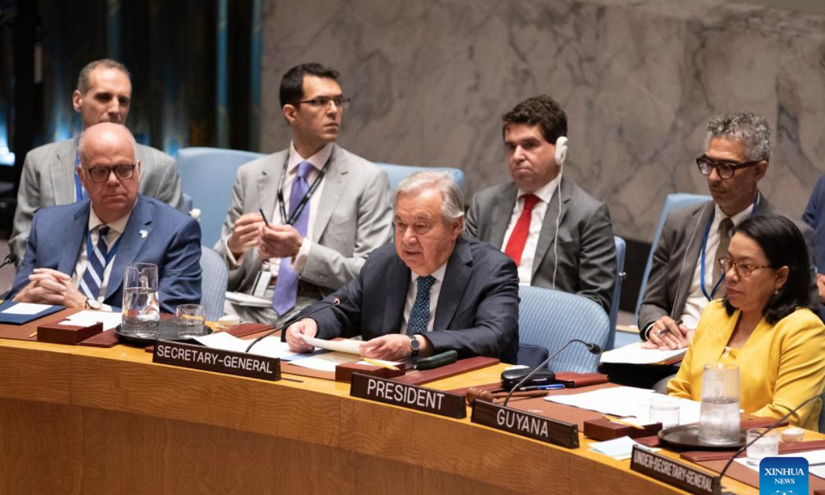 UN Secretary-General Antonio Guterres (C, Front) speaks at a Security Council emergency meeting on threats to international peace and security at the UN headquarters in New York, on June 20, 2025. Guterres on Friday called for diplomacy to prevent the Israeli-Iranian conflict from spiraling out of control. (Xinhua/Xie E)