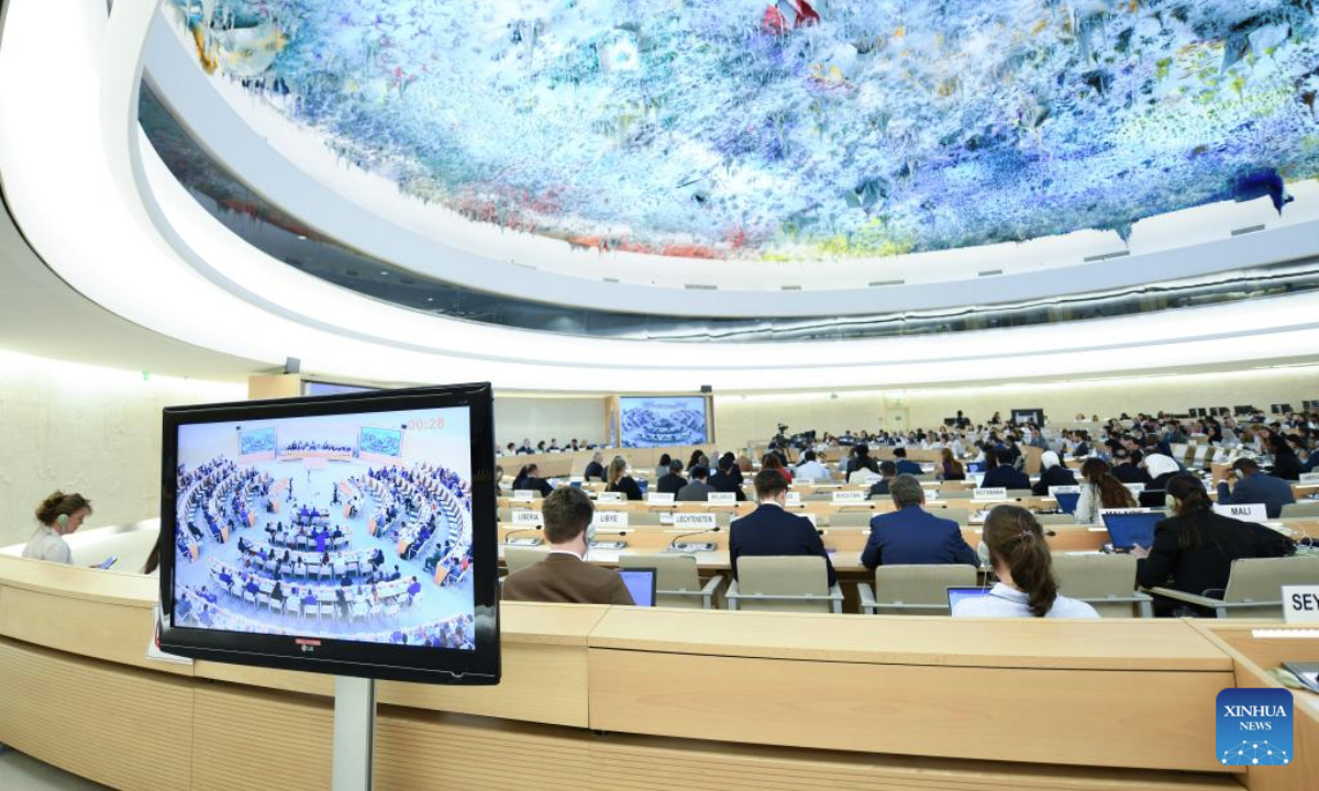 Delegates attend a meeting of the 59th session of the UN Human Rights Council in Geneva, Switzerland, June 16, 2025. The 59th session of the UN Human Rights Council kicked off Monday in Geneva, Switzerland. The session is scheduled to take place here from June 16 to July 9, 2025. (Xinhua/Lian Yi)