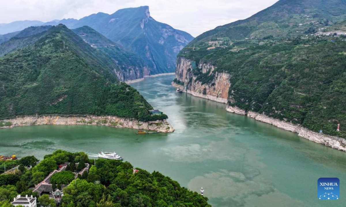 An aerial drone photo shows the summer scenery in Qutang Gorge, one of the Three Gorges on the Yangtze River, in southwest China's Chongqing Municipality, June 9, 2025. (Xinhua/Wang Quanchao)