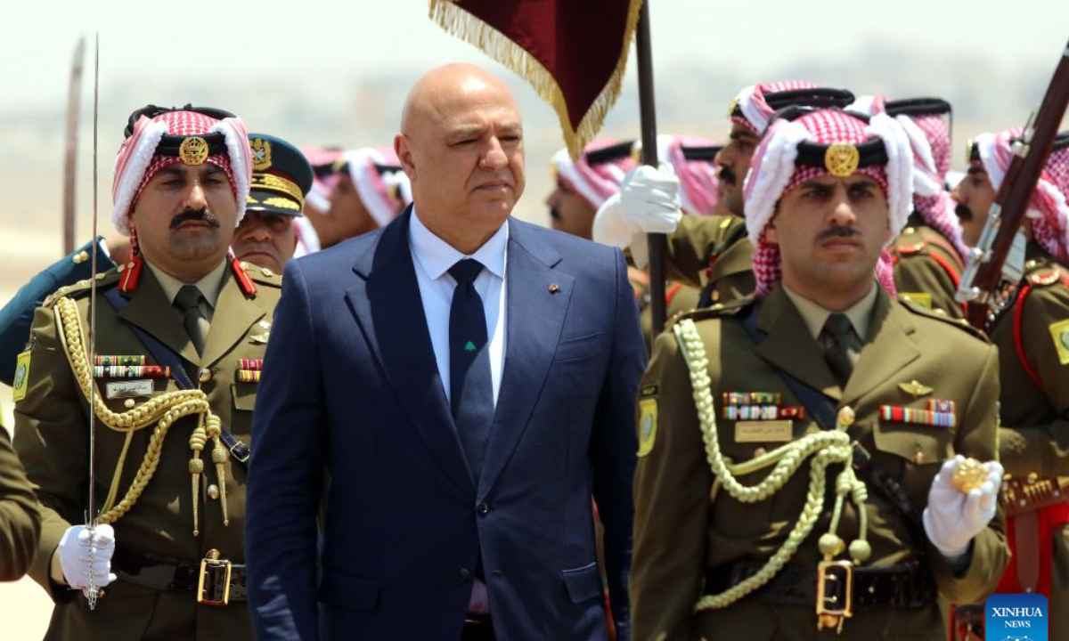 Lebanese President Joseph Aoun (C) attends a welcoming ceremony held by King Abdullah II of Jordan (not in picture) at Marka Military Airport in Amman, Jordan, on June 10, 2025. King Abdullah II of Jordan met with visiting Lebanese President Joseph Aoun here on Tuesday to explore ways to deepen bilateral relations and address pressing regional developments, according to a statement released by the Royal Hashemite Court. (Photo by Mohammad Abu Ghosh/Xinhua)