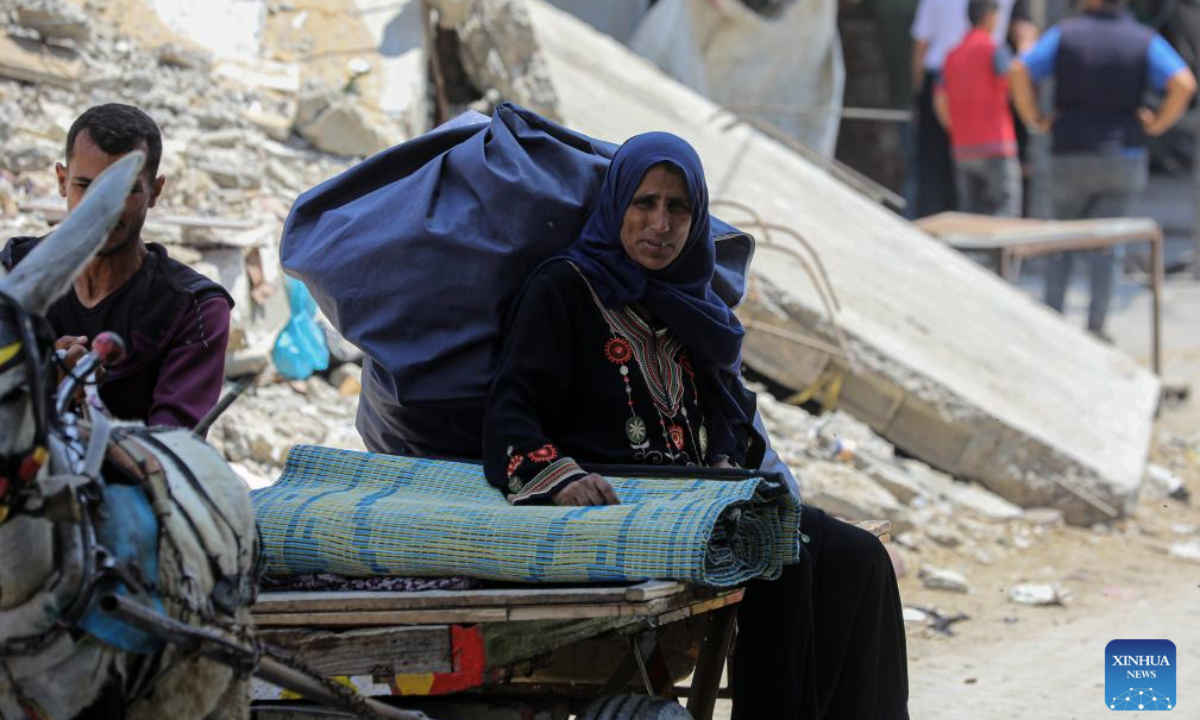 Palestinians evacuated from Jabalia in northern Gaza Strip arrive in Gaza City, on June 9, 2025. The Israel Defense Forces (IDF) on Saturday issued an evacuation warning for residents in two areas of the northern Gaza Strip ahead of strikes. The warning applies to the Abd al-Rahman neighborhood in the northwest of Gaza City and the Nahda neighborhood in the Jabalia refugee camp, IDF spokesperson Avichay Adraee announced on social media platform X. (Photo by Rizek Abdeljawad/Xinhua)