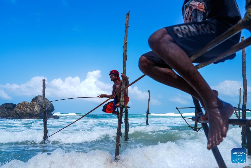 Stilt fishermen are seen near the southern Sri Lankan city of Galle, June 5, 2025. (Photo: Xinhua)