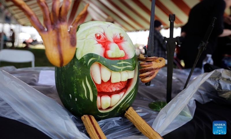 A carved watermelon is seen during the 2025 California Watermelon Festival at the Hansen Dam Park in Los Angeles, California, the United States, June 7, 2025. (Photo: Xinhua)