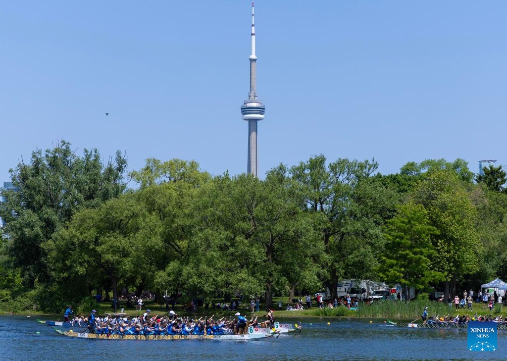 Participants compete during the 2025 Toronto International Dragon Boat Race Festival in Toronto, Canada, on June 14, 2025. (Photo: Xinhua)