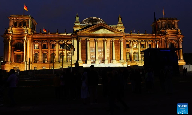 The Reichstag is seen illuminated in Berlin, Germany, June 15, 2025. (Photo: Xinhua)