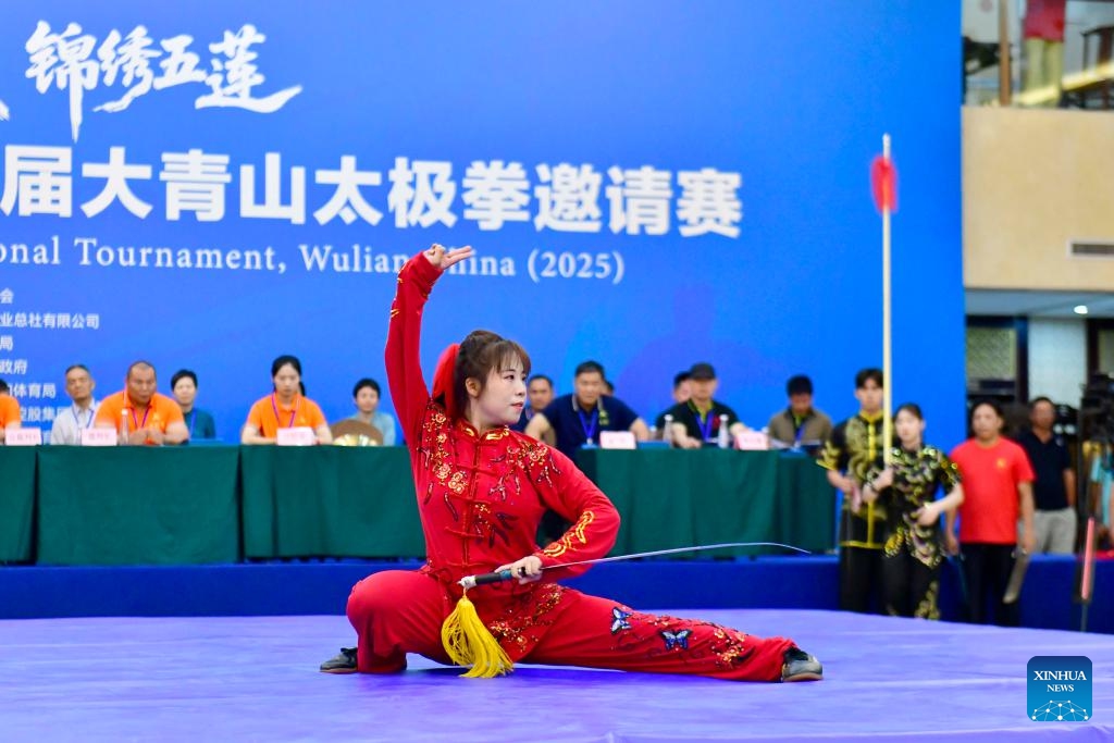 Zeela Nebulani performs martial arts at a Tai Chi invitational tournament in Wulian County of Rizhao City, east China's Shandong Province, June 12, 2025. (Photo: Xinhua)