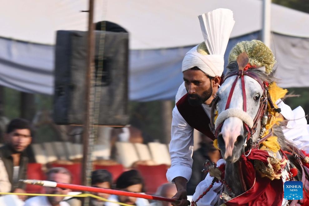 A horseman competes during a tent pegging competition in Islamabad, capital of Pakistan on June 14, 2025. In tent pegging, a horseman gallops and uses a sword or a lance to pierce, pick up and carry away a wooden peg. (Photo: Xinhua)